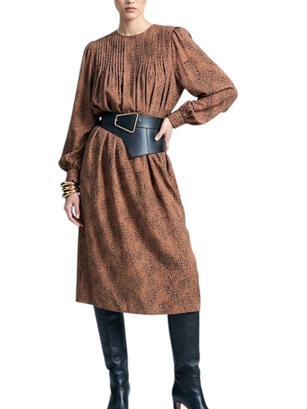 Vintage 80s union made brown black print long sleeve blouson midi dress 20W